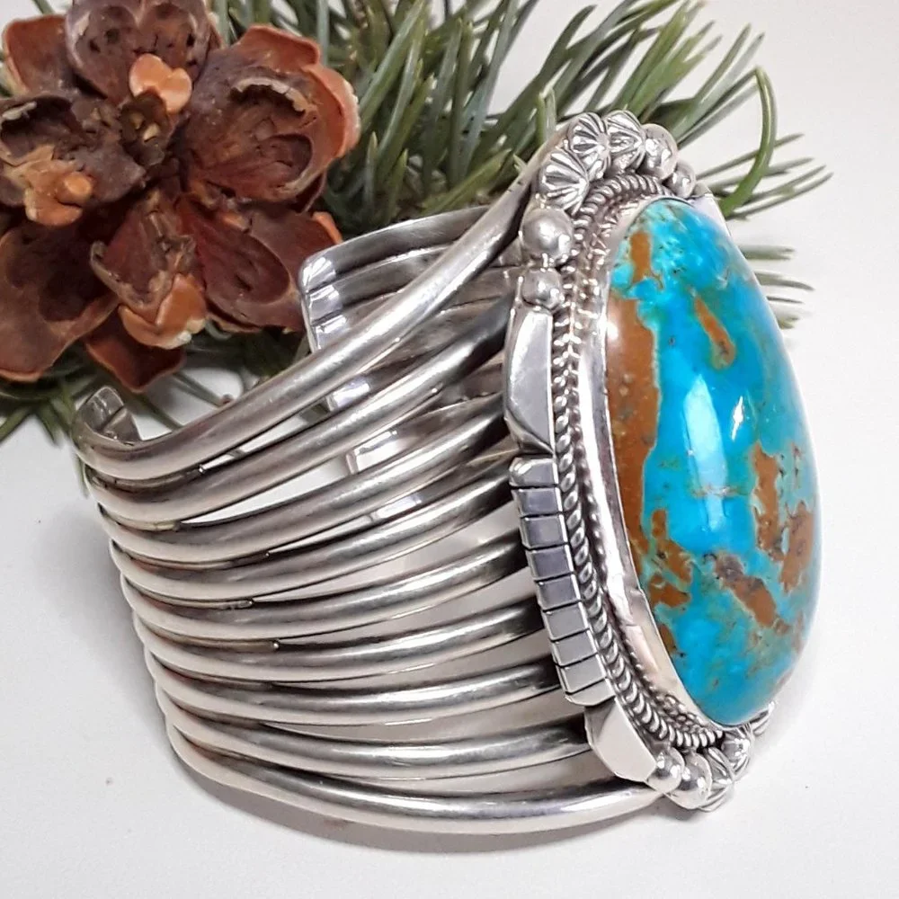 LARGE Kingman Sterling Native American Statement Bracelet - Picture 5 of 9